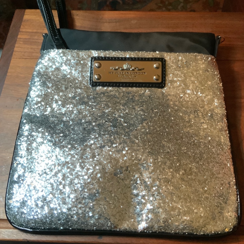 My Flat in London, Handmade silver glitz and black nylon, pink lined w plaque